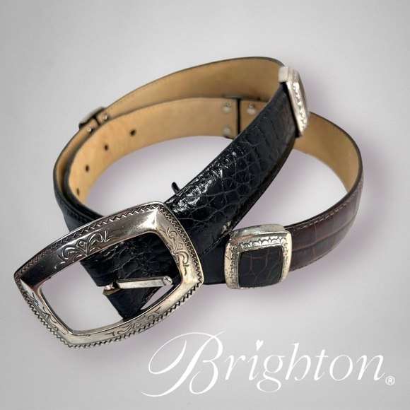 Vintage BRIGHTON Black Brown Belt Stacked Leather Engraved Buckle Adjustable Lg - Picture 1 of 9